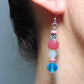 Long earrings with frosted pink cubes, frosted blue and faceted turquoise balls, stainless steel hooks