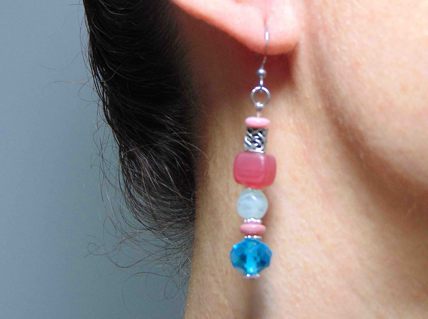 Long earrings with frosted pink cubes, frosted blue and faceted turquoise balls, stainless steel hooks