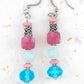 Long earrings with frosted pink cubes, frosted blue and faceted turquoise balls, stainless steel hooks