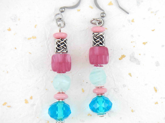 Long earrings with frosted pink cubes, frosted blue and faceted turquoise balls, stainless steel hooks