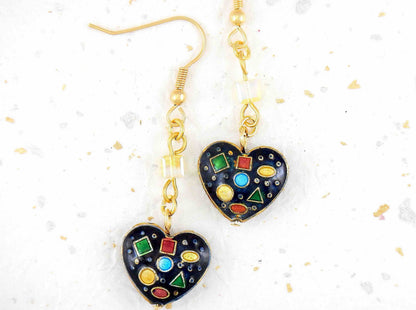 Long earrings with enamelled hearts in 3 colours (red, turquoise, black), geometric patterns, assorted Swarovski crystal cubes, gold-toned stainless steel hooks