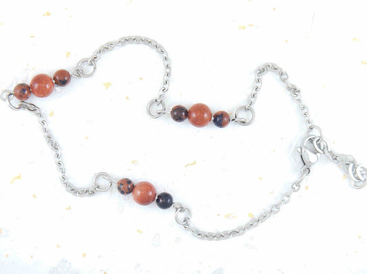 Anklet with mixed golden and blue goldstone on hypoallergenic stainless steel chain