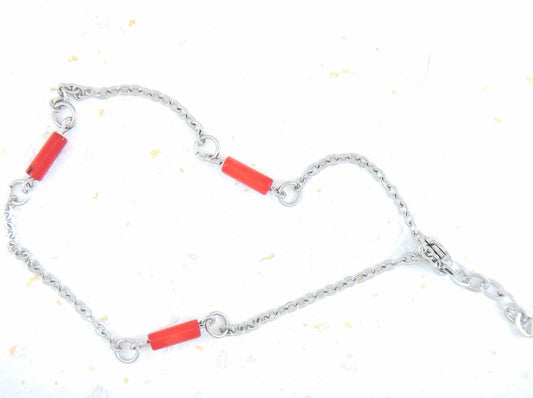 Anklet with red sponge coral cylinders, stainless steel chain