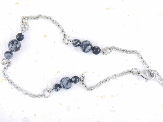 Anklet with black and gray snowflake obsidian stone on hypoallergenic stainless steel chain