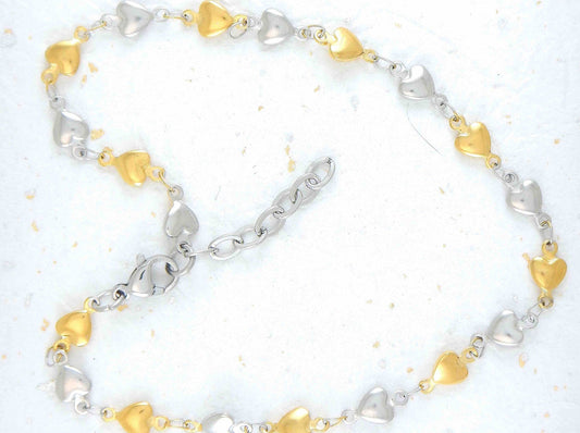 Anklet with alternating tiny silver and gold hearts, all hypoallergenic stainless steel