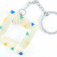 Keychain with handmade resin square ring, tiny blue-green-yellow hearts, stainless steel chain