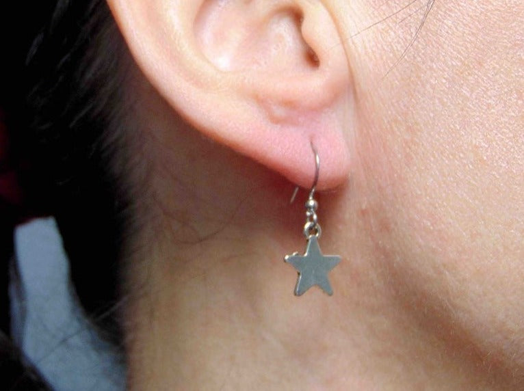 Short earrings with small silver stars, stainless steel hooks