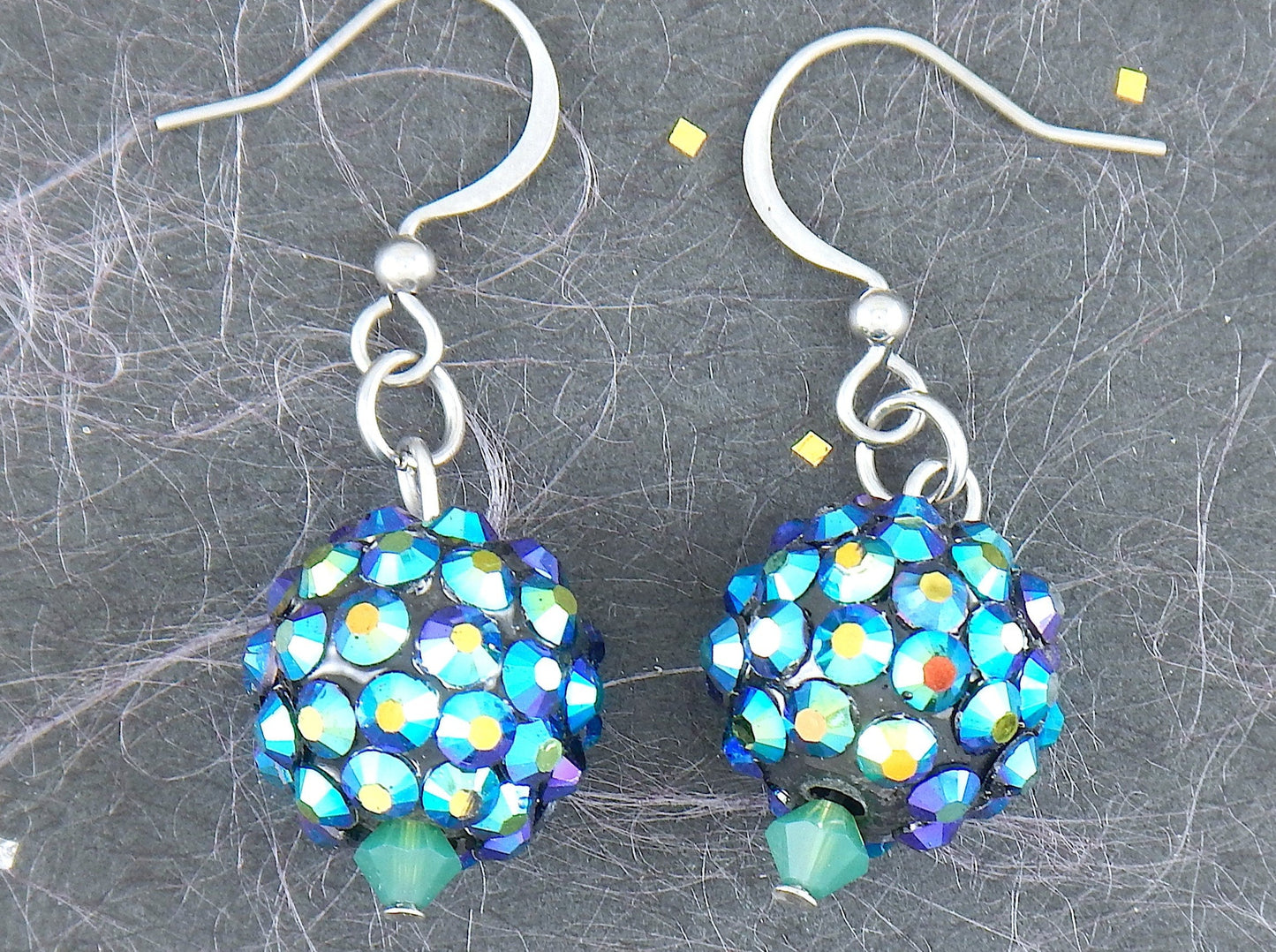 Short earrings with small crystal disco balls in 4 metallic colours (silver, golden green, blue, black nickel), stainless steel hooks