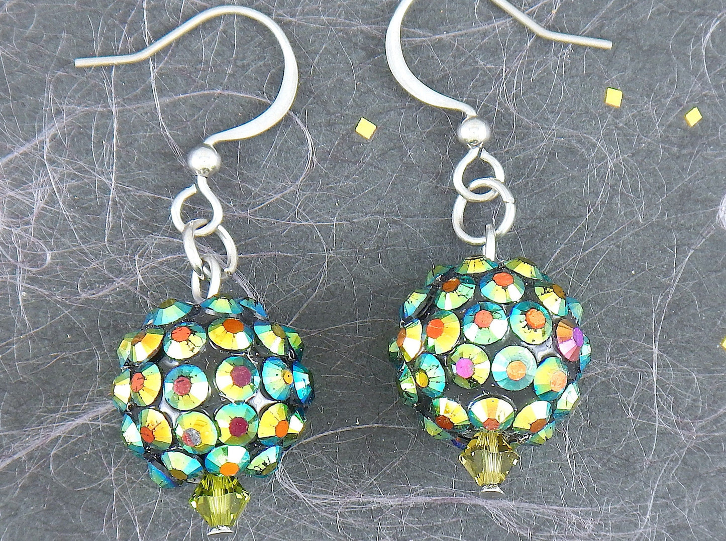 Short earrings with small crystal disco balls in 4 metallic colours (silver, golden green, blue, black nickel), stainless steel hooks