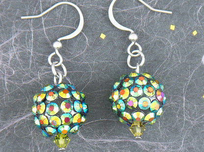 Short earrings with small crystal disco balls in 4 metallic colours (silver, golden green, blue, black nickel), stainless steel hooks