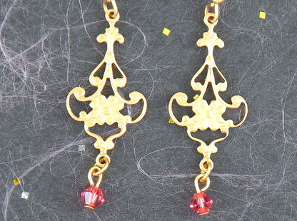 Long earrings with delicate vintage brass baroque filigrees, flower pattern, Swarovski crystals (6 colours available), gold-toned stainless steel hooks