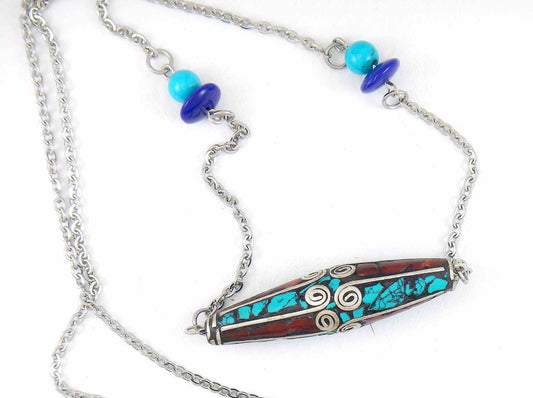 24-inch necklace with Tibetan cylinder bead, turquoise and coral inserts, matching glass beads, stainless steel chain