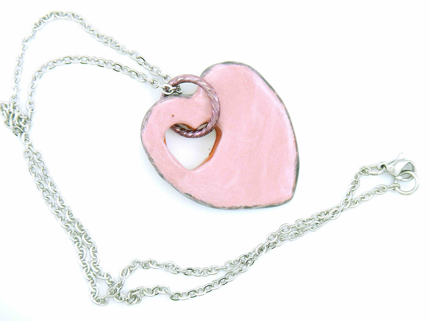 17-inch necklace with pink heart ceramic pendant handmade in Montreal, stainless steel chain