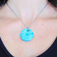 16-inch necklace with turquoise round ceramic pendant handmade in Montreal, lace flower pattern, stainless steel chain