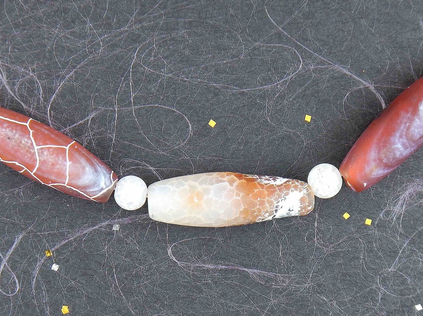 Choker necklace with 3 fire-cracked agate stone beads in red-brown-caramel-white tones, stainless steel clasp
