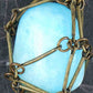 36-inch necklace with large aquamarine nugget caged in brass link bar chain, brass-toned matte aluminum chain