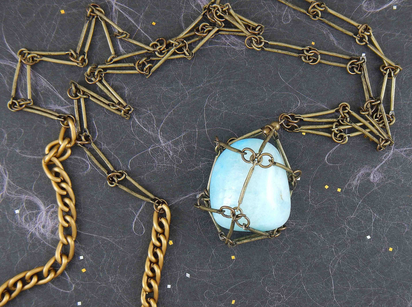 36-inch necklace with large aquamarine nugget caged in brass link bar chain, brass-toned matte aluminum chain