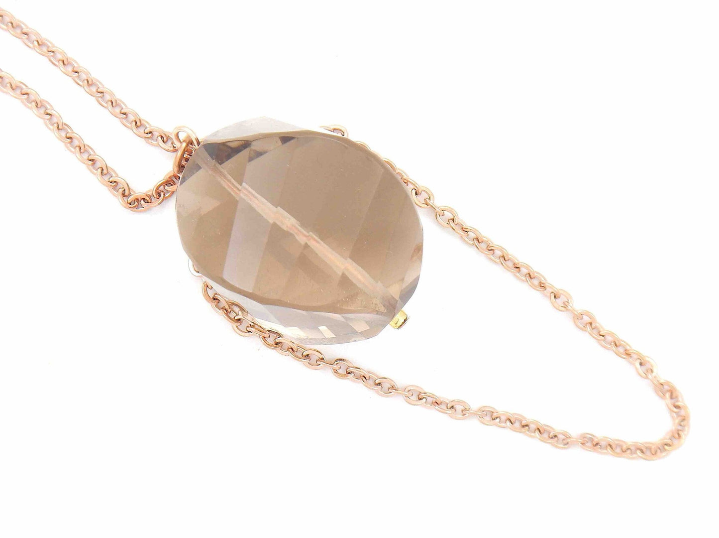 31-inch necklace with smoky quartz stone pendant, 4 profiled and faceted faces, rose gold-toned stainless steel chain
