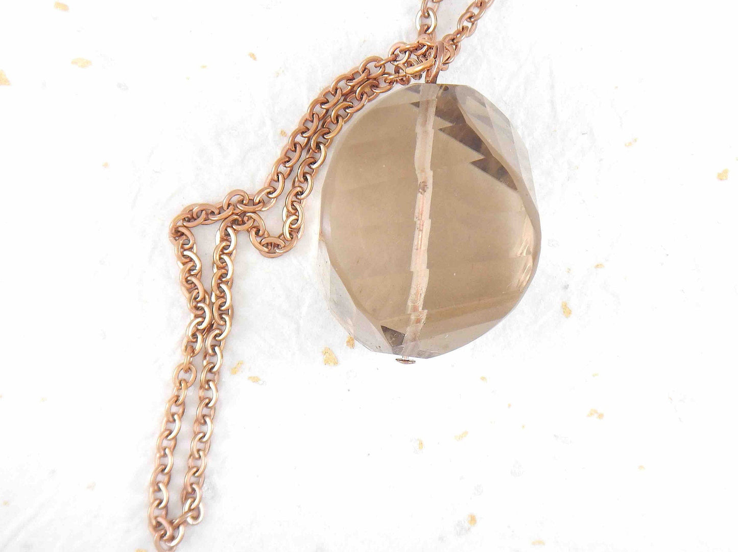 31-inch necklace with smoky quartz stone pendant, 4 profiled and faceted faces, rose gold-toned stainless steel chain