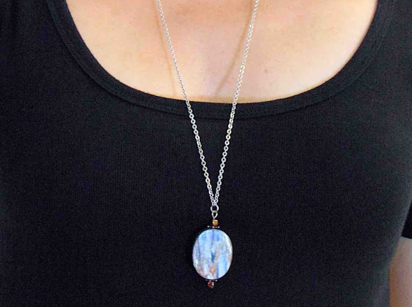 30-inch necklace with large oval kyanite stone slice in blue-silver-bronze, stainless steel chain