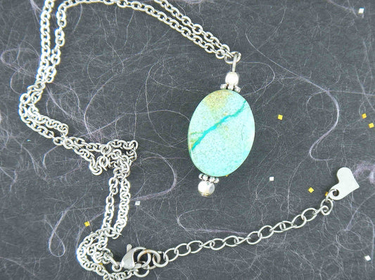 15-inch necklace with oval blue-green marbled chrysocolla stone, stainless steel chain chain