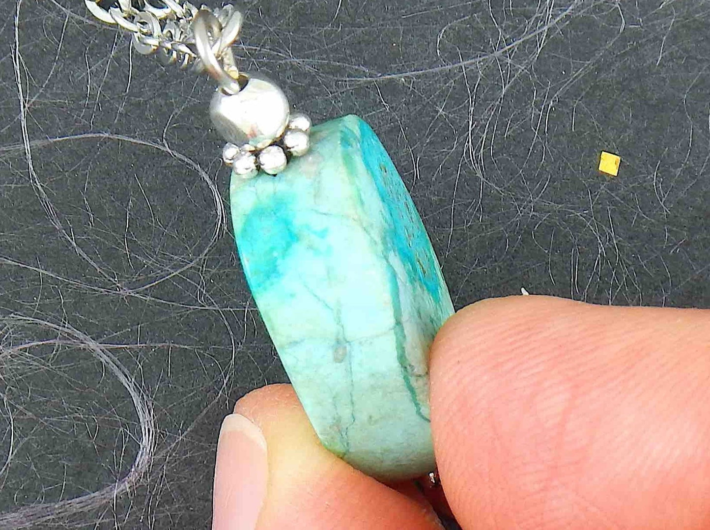 15-inch necklace with oval blue-green marbled chrysocolla stone, stainless steel chain chain