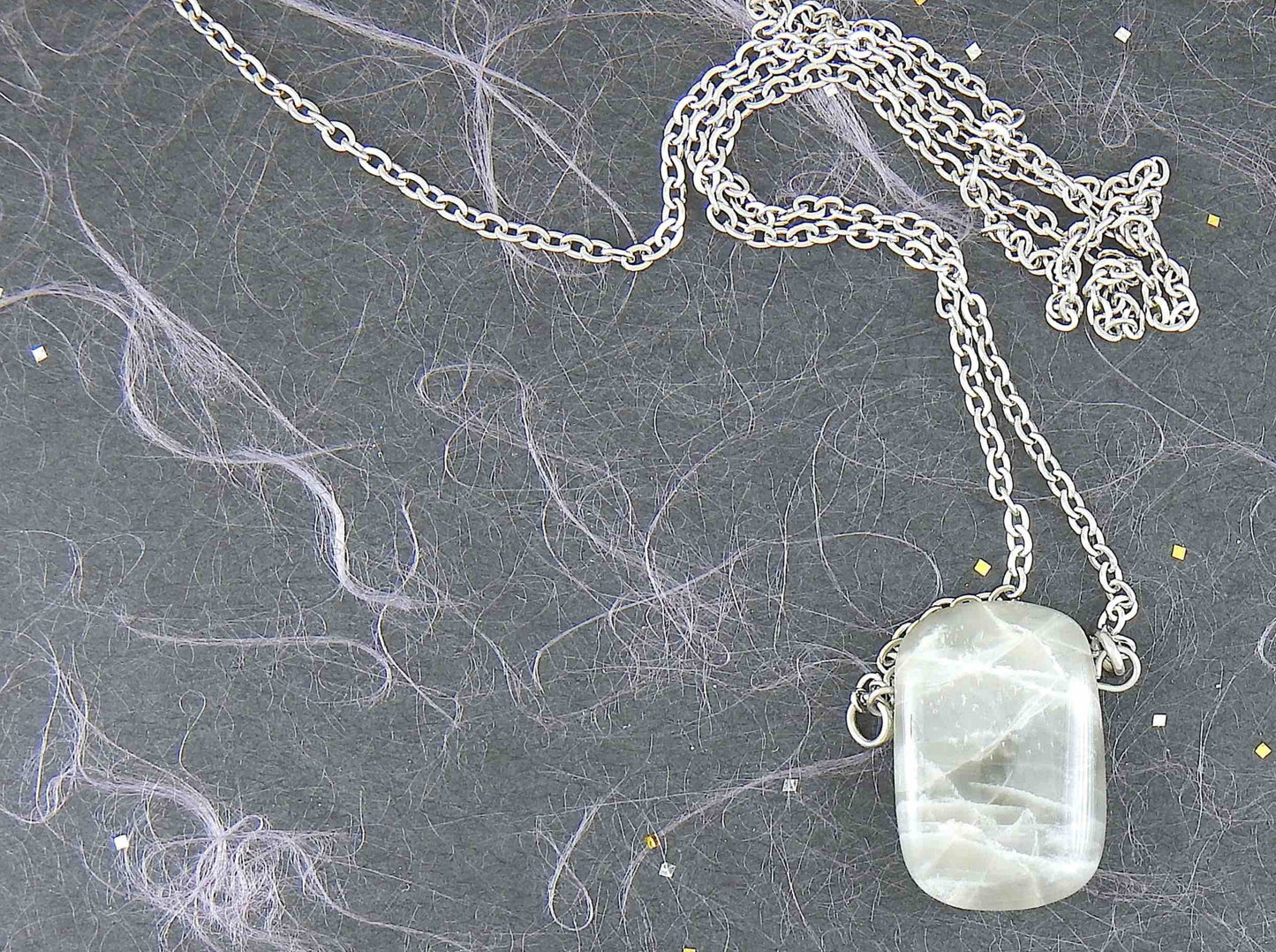 26-inch necklace with rectangular natural silver moonstone pendant, stainless steel chain