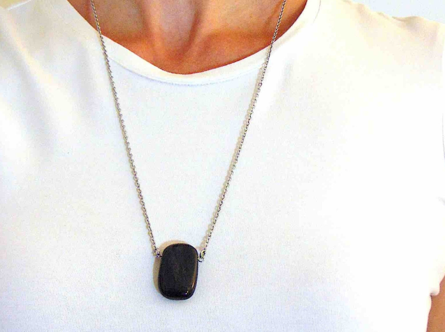 26-inch necklace with rectangular reddish gold obsidian stone pendant, stainless steel chain