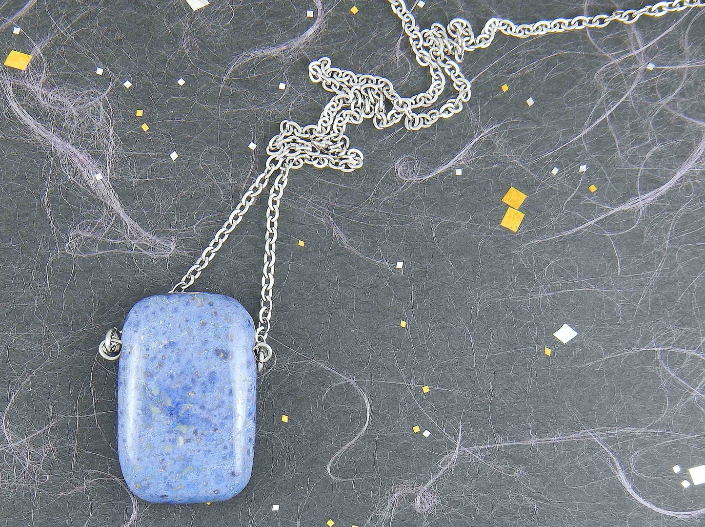 26-inch necklace with rectangular "blue jeans" blue dumortierite stone pendant (a rare stone), stainless steel chain
