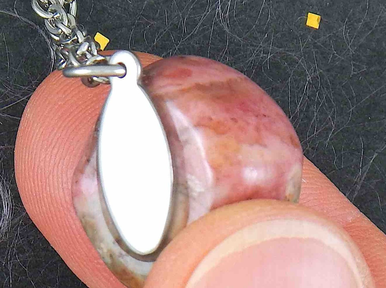 16-inch necklace with pink and gray rhodonite stone nugget pendant, stainless steel chain