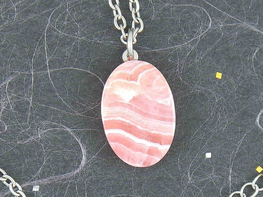 16-inch necklace with oval marbled pink-white rhodocrosite stone pendant, stainless steel chain