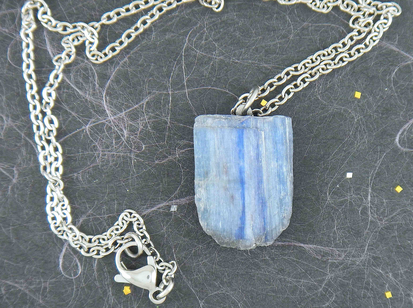16-inch necklace with iridescent blue kyanite stone pendant, stainless steel chain