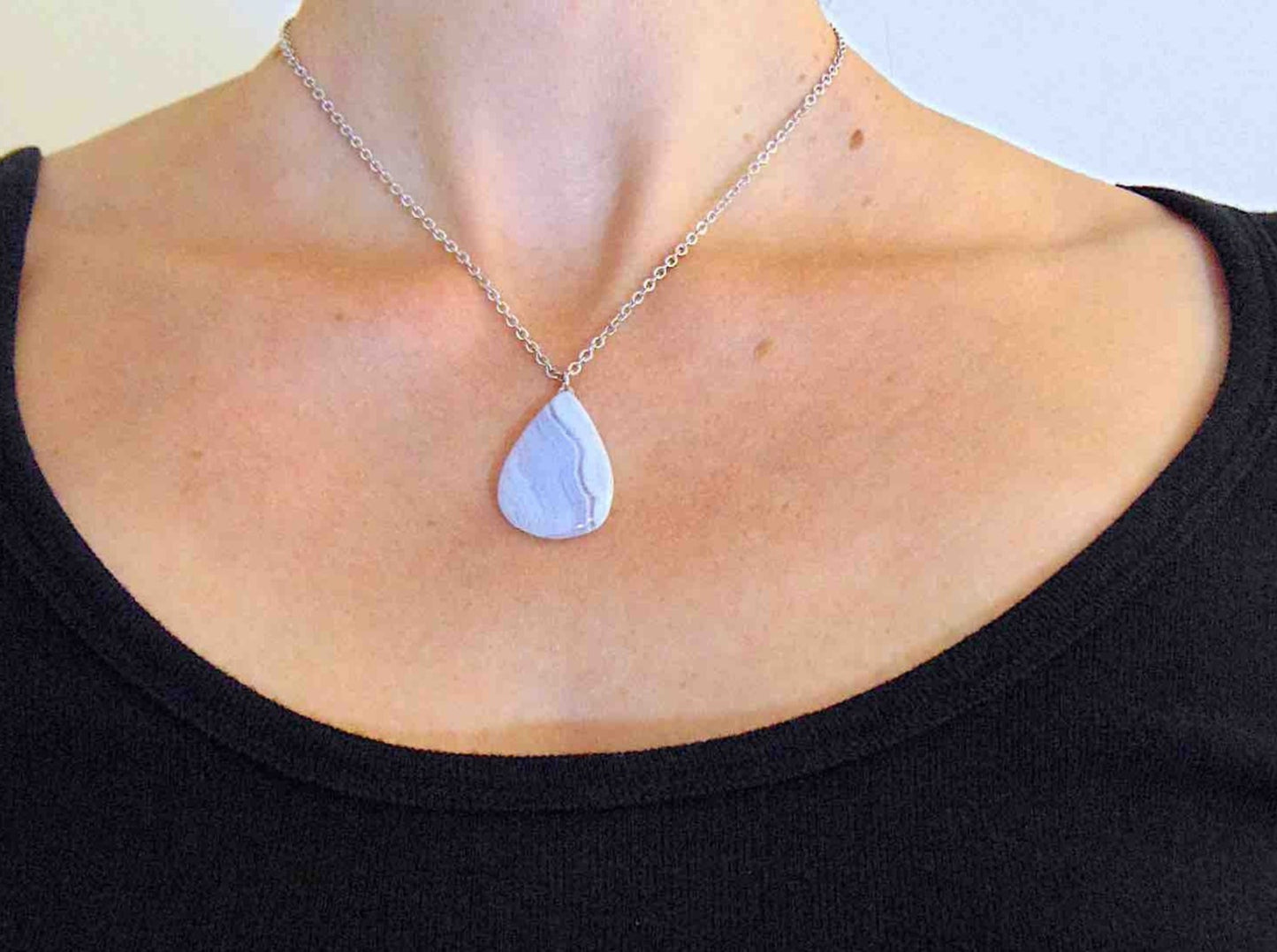 16-inch necklace with marbled blue lace agate stone drop pendant, stainless steel chain