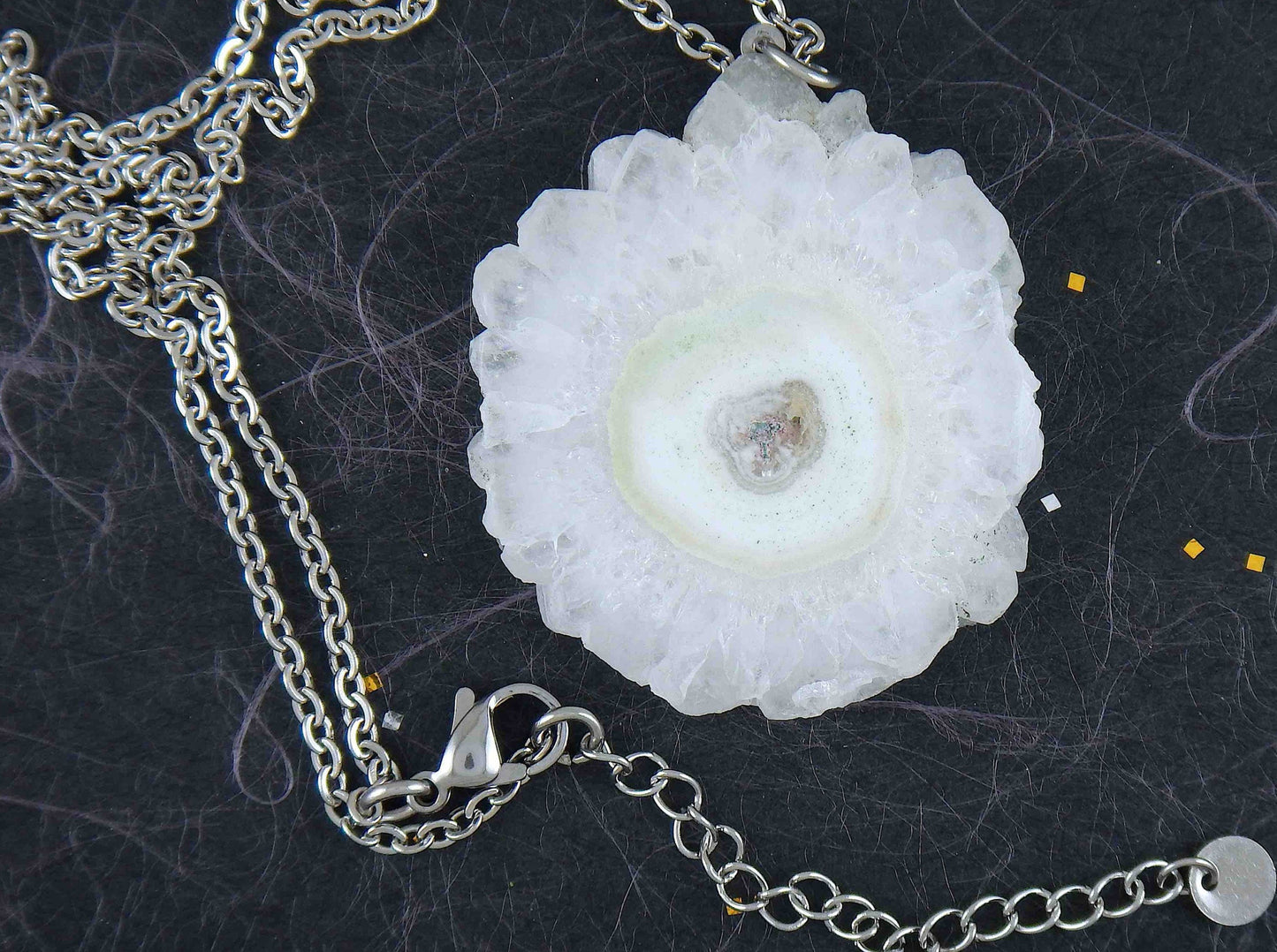 16-inch necklace with large solar quartz stone circular pendant, white with a hint of green, stainless steel chain