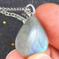 16-inch necklace with blue-green labradorite stone drop pendant, delicately veined, stainless steel chain