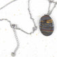 16-inch necklace with oval iron tiger stone pendant, gray-red-golden brown stripes, stainless steel chain