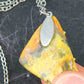 17-inch necklace with rare triangular bumblebee jasper stone pendant, marbled in yellow-orange-black, stainless steel chain