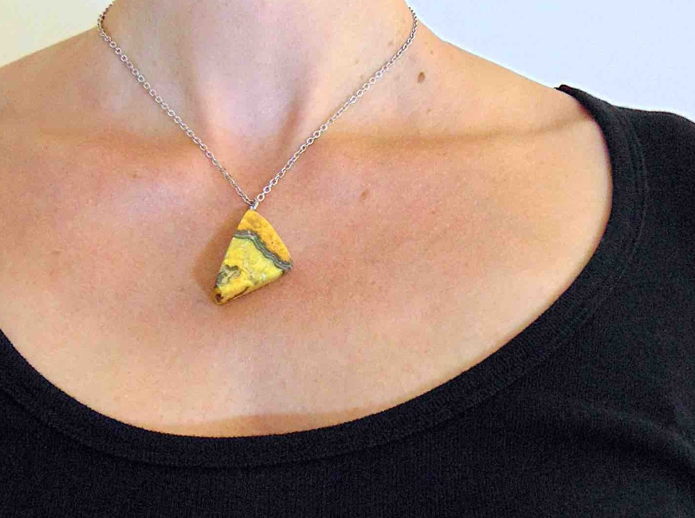17-inch necklace with rare triangular bumblebee jasper stone pendant, marbled in yellow-orange-black, stainless steel chain