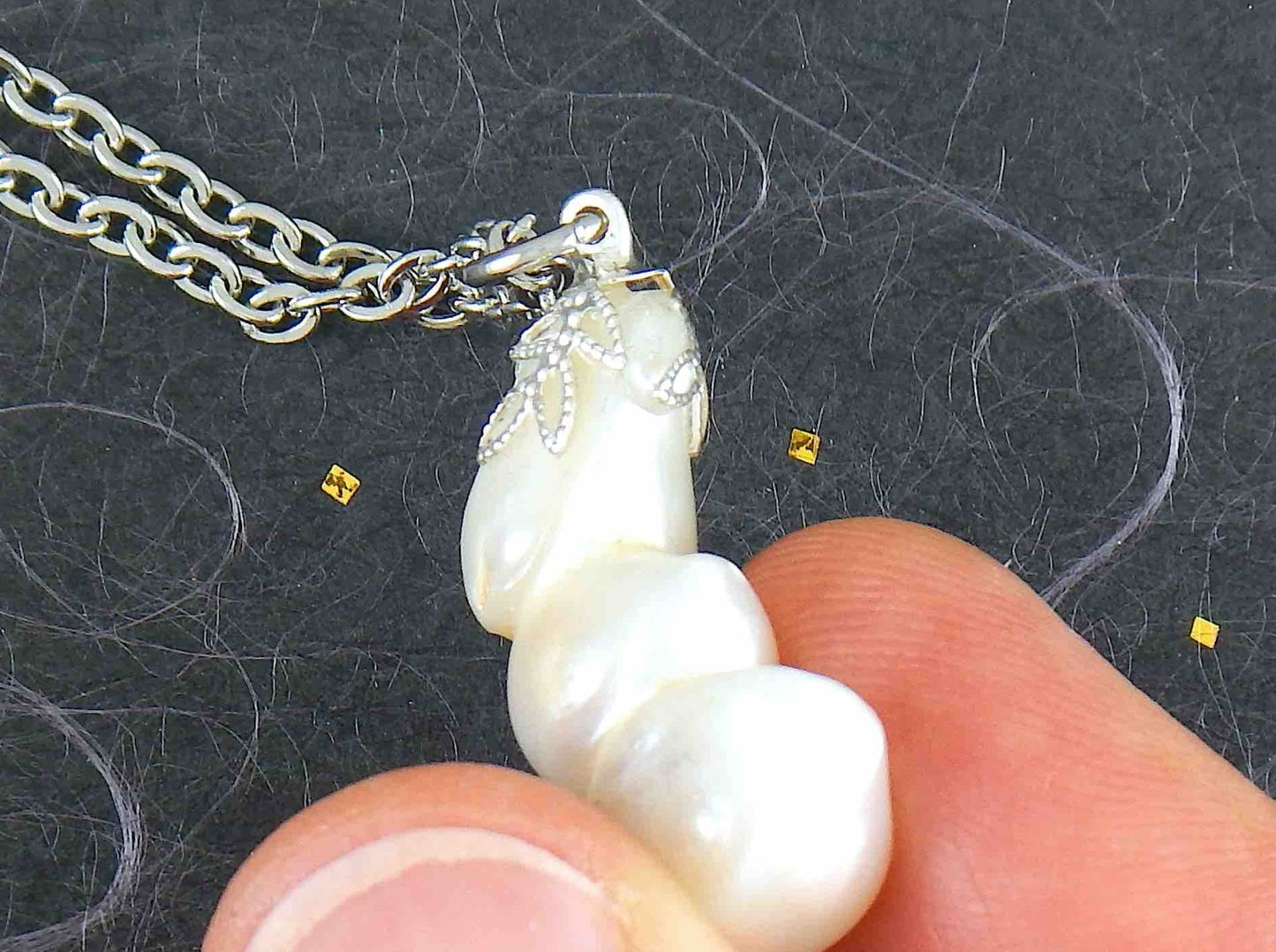 16-inch necklace with column pendant made of 3 fused natural white freshwater pearls, stainless steel chain