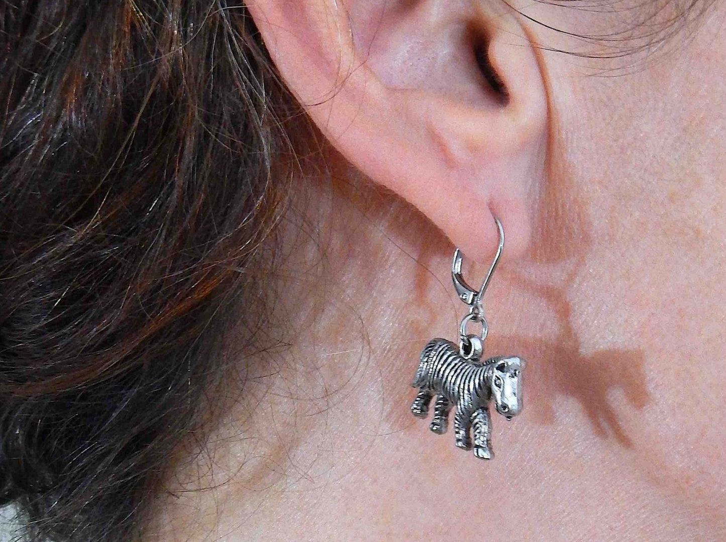 Short earrings with pewter zebras, stainless steel lever back hooks