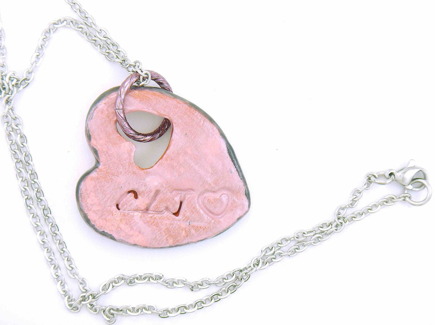 17-inch necklace with pink heart ceramic pendant handmade in Montreal, stainless steel chain