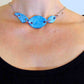 15-inch necklace with 3 turquoise ceramic pieces handmade in Montreal, lace pattern, stainless steel chain