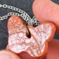 16-inch necklace with terra cotta butterfly ceramic pendant handmade in Montreal, lace pattern, stainless steel chain