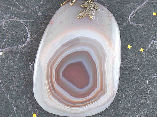 17-inch agate slice pendant in burgundy-white-gray on black satin cord, antique glass cylinder beads, copper clasp