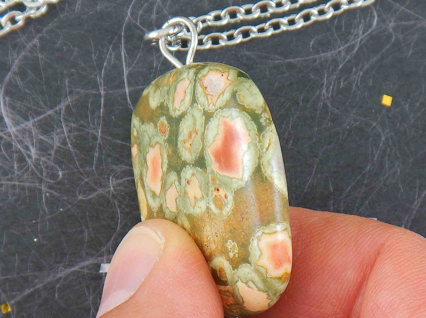 25-inch necklace with smooth square pendant of golden green and red rainforest jasper stone, stainless steel chain