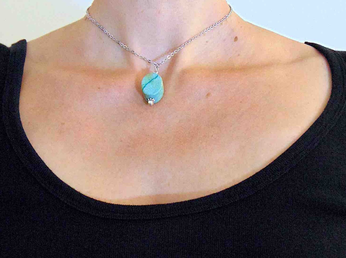 15-inch necklace with oval blue-green marbled chrysocolla stone, stainless steel chain chain