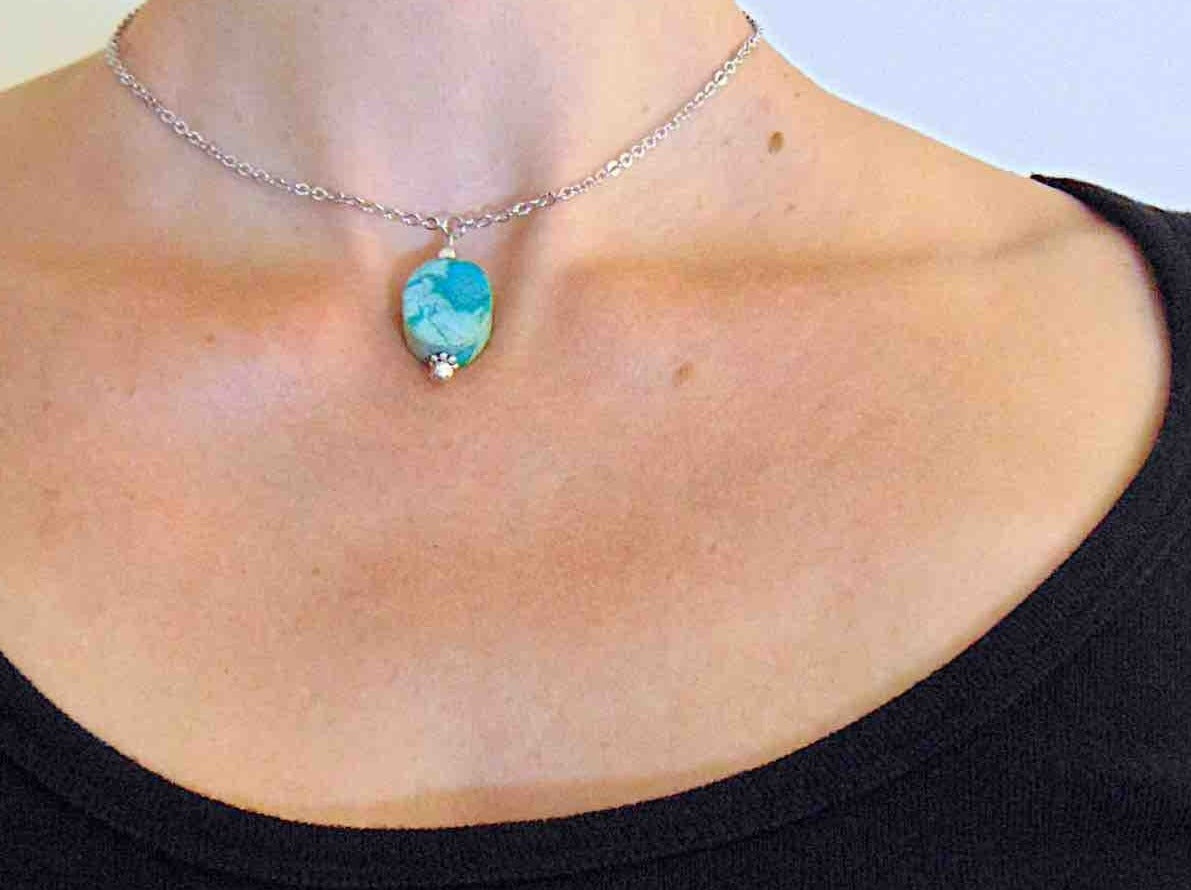 15-inch necklace with oval blue-green marbled chrysocolla stone, stainless steel chain chain