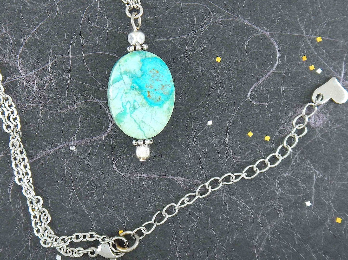 15-inch necklace with oval blue-green marbled chrysocolla stone, stainless steel chain chain