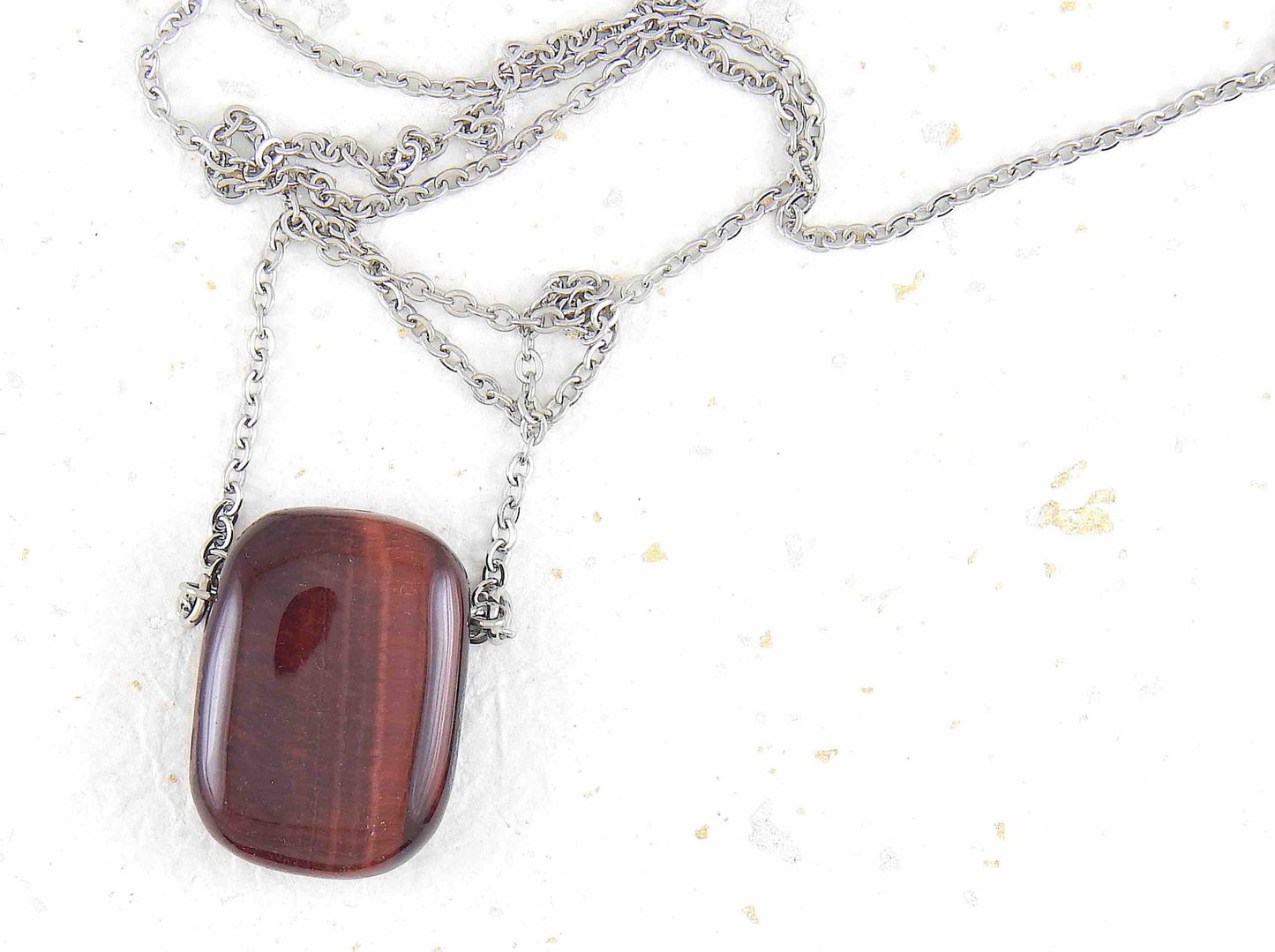 26-inch necklace with rectangular red tiger eye stone pendant, stainless steel chain