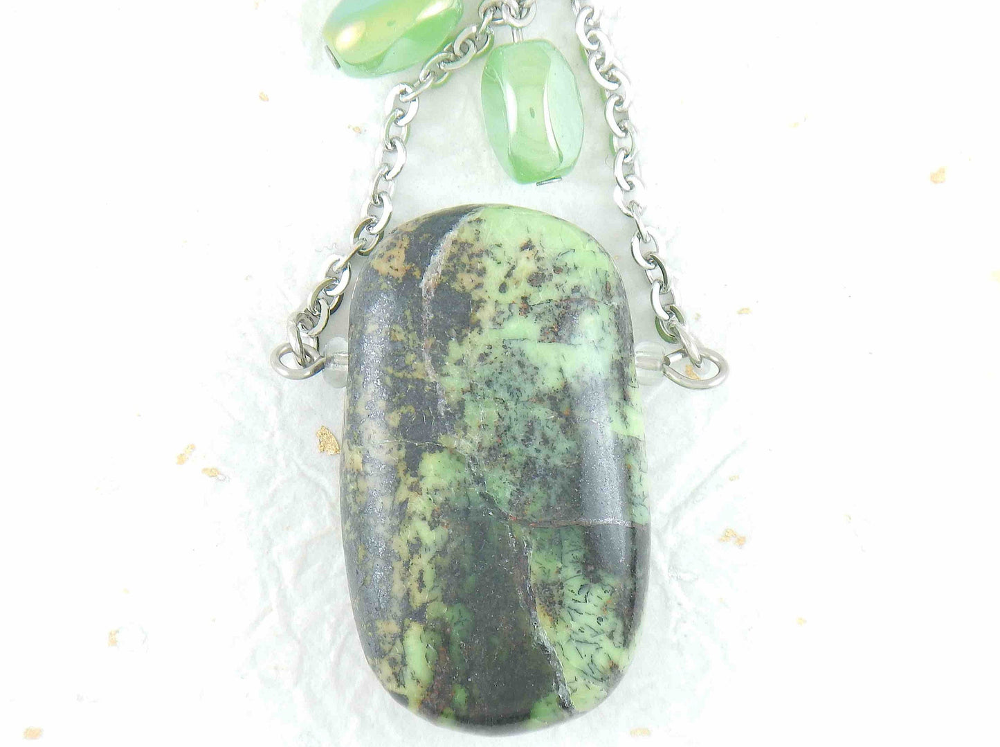 30-inch necklace with large rectangular light green and black chrysoprase stone pendant, triangular layout, matching glass beads, stainless steel chain